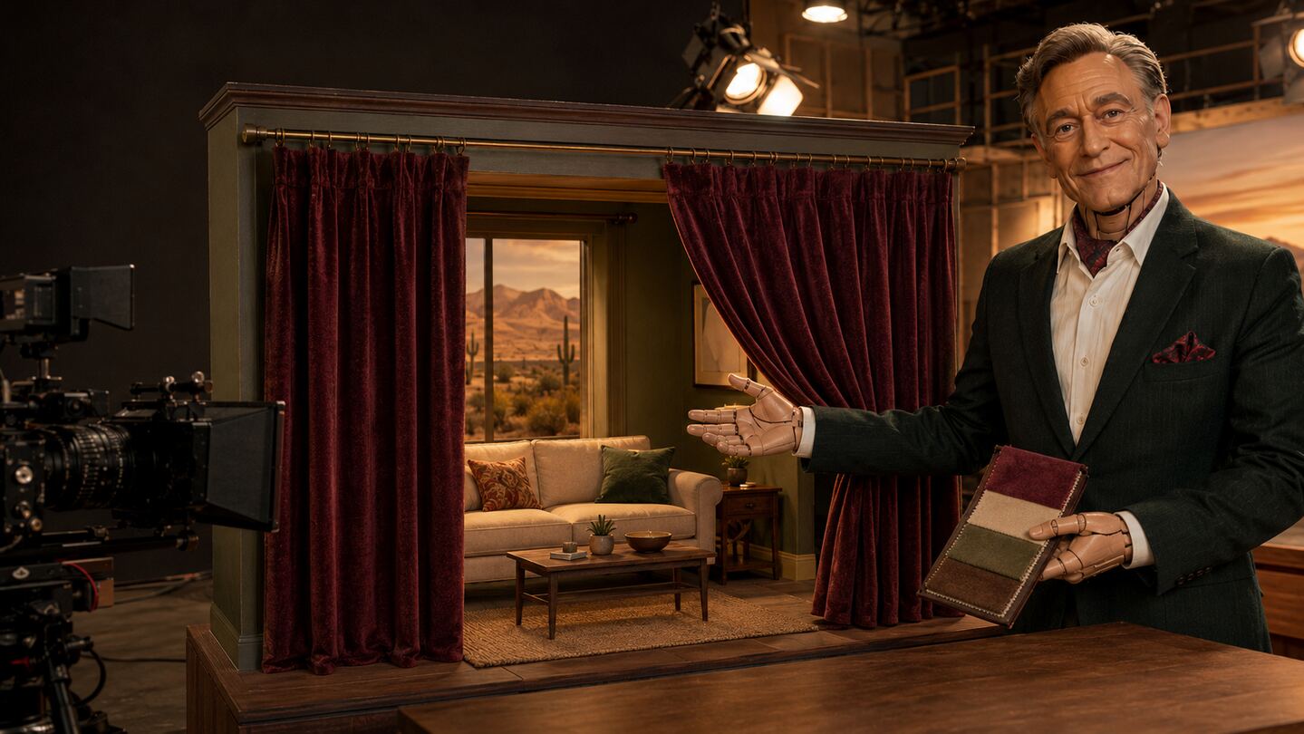 Animatronic studio host presenting a miniature living room with custom burgundy drapery