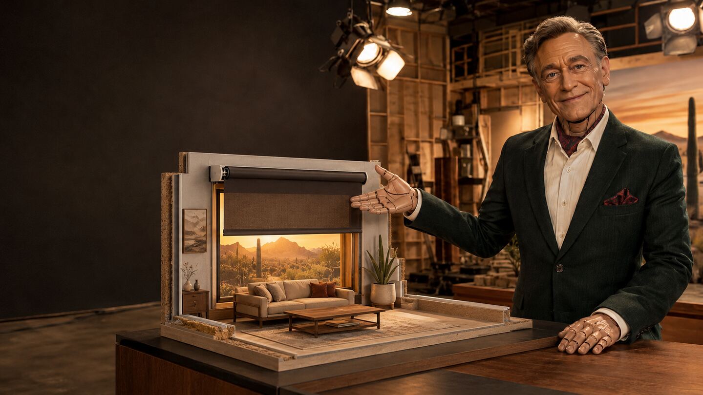 Animatronic studio host presenting a miniature room with a motorized roller shade